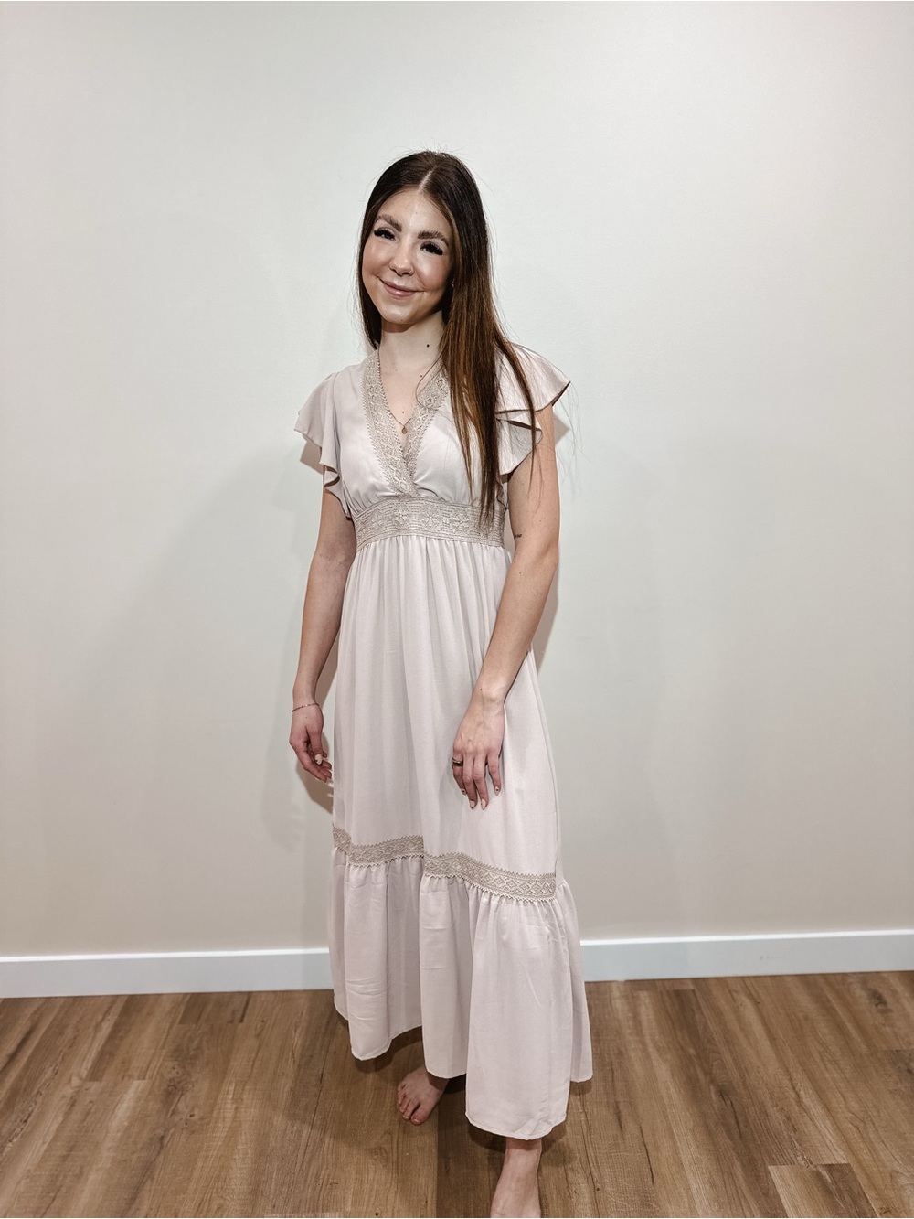 V-Neck Flutter Maxi Dress in cream